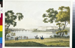 Vista do Palácio da Ilha de Kamenny em São Petersburgo. Litografia e aguarela de Andrei Yefimovich Martynov (1768-1826)