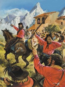Guiseppe Garibaldi (1807-82) e o seu exército na batalha contra as tropas reais napolitanas (guache sobre papel) de Andrew Howat