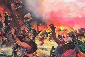 Paris sob ataque dos Vikings (litografia a cores)
