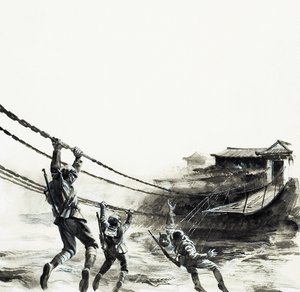 A Batalha da Ponte de Luding (guache sobre papel) de Andrew Howat