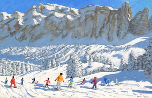 Esquiadores coloridos,Val Gardena,Itália,2019,(óleo sobre tela) de Andrew Macara