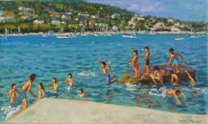 Saltar das rochas; Cinque Terre, Positano, Itália, 2000 (óleo sobre tela) de Andrew Macara