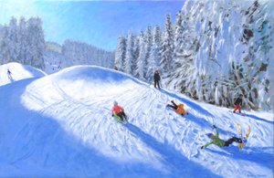 Esquiar em Morzine, França, 2023 (óleo sobre tela) de Andrew Macara