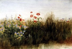 Flores silvestres por um riacho (aguarela)