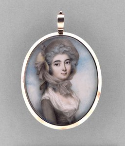 Retrato de uma mulher, c.1785 (aquarela sobre marfim, ouro rosa 9k, cabelo, folha metálica em relevo e vidro)