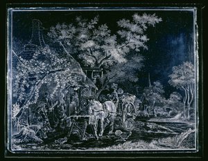 Janela com cavalo e carruagem e algumas figuras para uma pousada de Andries Melort
