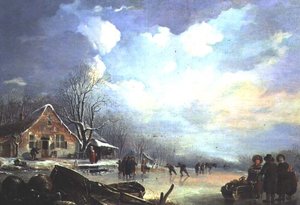 Paisagem de inverno com chalé e figuras