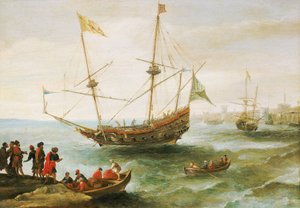Uma argelina ancorada num porto da Barbária (nome dado à costa do Norte de África, entre os séculos XVI e XIX, pelos europeus). Pintura a óleo, de Andries van Eertvelt (1590-1652). de Andries van Eertvelt