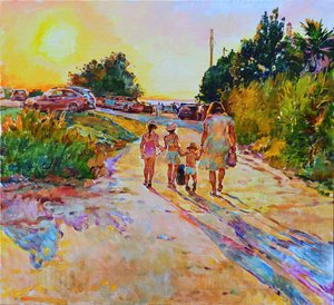 Passeio em família ao pôr do sol na praia