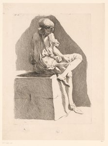 Caricatura de um menino costurando sua meia Caricaturas após J. Saly (título da série) Recueil de caricatures dessinées Par J. Saly et Gravées par A.L. De Lalive D.J. (título da série) de Ange Laurent de, marquis de Rémoville Lalive