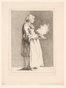 Caricatura de uma mulher com refeição Caricaturas após J. Saly (título da série) Recueil de caricatures dessinées Par J. Saly et Gravées par A.L. De Lalive D.J. (título da série) de Ange Laurent de, marquis de Rémoville Lalive