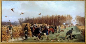 Caçando um tiroteio no faisanderie Pintura de Ange-Louis Janet Lange (1815-1872) Sol do século XIX. 1,1x1,9 m. Compiegne, museu do castelo
