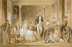 Família Real na Sala de Jantar na Osborne House (lápis com lavagem em papel) de Ange Louis (1815 72) Janet