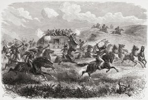 Índios atacando uma diligência transcontinental em 1867, ilustração de "O mundo nas mãos", gravada por Charles Laplante (d.1903), publicada em 1878