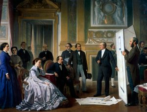 O arquiteto apresentando os novos planos para o Louvre a Napoleão III e Eugenie de Ange Tissier