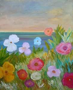 Flores coloridas com vista para o mar de Angeles M. Pomata