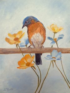 Pássaro-azul da primavera e flores