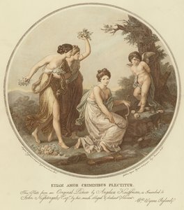 Duas ninfas fazem troça do cupido que está amarrado a uma árvore (cor litho) de Angelica (after) Kauffmann