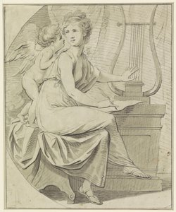 O Amor inspira uma jovem mulher, esgalhando uma lira com uma mão, e escrevendo com a outra de Angelica Kauffmann
