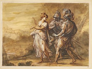 Cena mitológica. Jovem mulher com arco enfrentando dois homens armados de Angelica Kauffmann