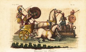 Antigos guerreiros gregos com escudos pintados montando uma biga ou uma carruagem de dois cavalos de Angelo (after) Monticelli