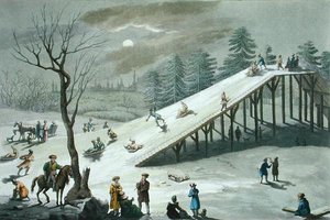 Deslizamento de neve num parque público russo, início do século XIX (gravura colorida)