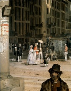 Marche de Figini em Milão (Piazza del Duomo com um canto do Coperto dei Figini) Detalhe - Pintura de Angelo Inganni (1807-1880)