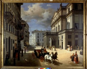 Representação da Plaza de la Scala em Milão por Angelo Inganni. Século XIX. Pinacoteca di Brera, Milão.