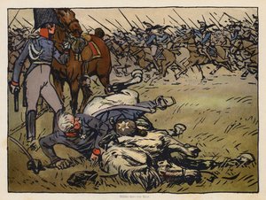 O Marechal de Campo Blucher preso debaixo do seu cavalo morto na Batalha de Ligny (cromolitografia)