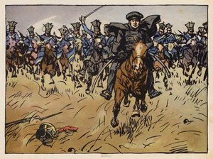 O marechal de campo prussiano Gneisenau à frente de uma carga de cavalaria (cromolitografia)
