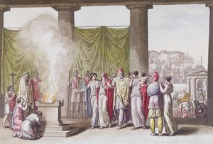 A família de Príamo depois da partida de Heitor, de &39;Le Costume Ancien ou Moderne&39; de Jules Ferrario, gravada por A. Biasioli, Milão c.1820 (gravura a cores)