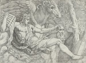 Apolo segurando cachimbos na mão direita acompanhado por Pegasus, 1556-60. de Angiolo Falconetto