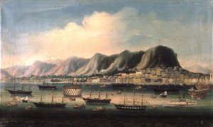 Vista de Hong Kong, com um Hulk prisional e um Paddlesteamer no porto (óleo sobre tela)