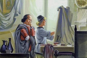 Um jovem Leonardo Da Vinci a assistir o seu mestre Verrocchio em O Batismo de Cristo (guache sobre papel) de Angus McBride