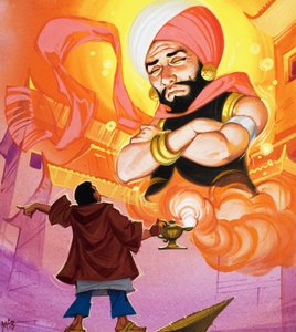 Aladino a comandar o Génio, ilustração de "Aladino e a sua lâmpada maravilhosa" (guache sobre papel) de Angus McBride