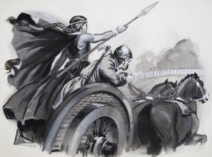 Boadiceia a incitar a fúria dos bretões contra os seus senhores romanos (guache sobre papel) de Angus McBride