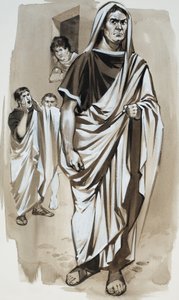 "Cato, o desmancha-prazeres" (guache sobre papel) de Angus McBride
