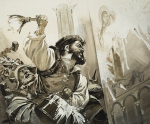 Fanáticos que assaltam as igrejas de Basileia na Suíça protestante (guache sobre papel) de Angus McBride