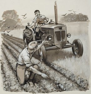 Agricultor à descoberta de uma relíquia de antiquário (guache sobre papel) de Angus McBride