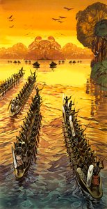 Henry Stanley, à procura de Livingstone, teve de enfrentar tribos hostis em canoas de guerra de Angus McBride