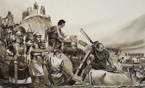 Júlio César (100-44 a.C.) conduziu os seus soldados através do pequeno rio Rubicão e marchou sobre Roma (guache sobre papel) de Angus McBride