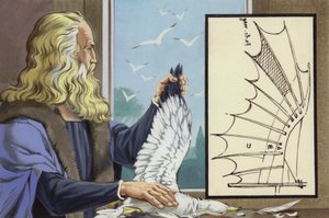 Leonardo Da Vinci estudando aves para descobrir como um homem pode voar (guache sobre papel) de Angus McBride