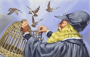 Leonardo Da Vinci, que comprou pássaros em gaiolas para os libertar (guache sobre papel) de Angus McBride