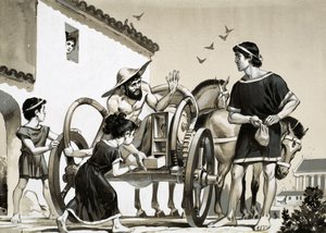 Comerciante que vendia artigos na parte de trás de uma carruagem na época romana de Angus McBride