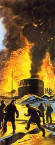 Tanques de petróleo a arder em Seward após o terramoto de Anchorage de 1964 de Angus McBride
