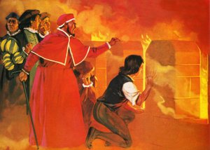 O Papa Clemente e os seus seguidores assistem ao saque e incêndio de Roma de Angus McBride