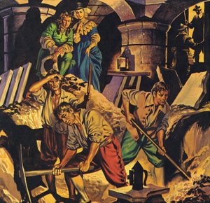 Samuel Pepys à procura de um tesouro de dinheiro supostamente escondido na Torre de Londres (litografia a cores) de Angus McBride