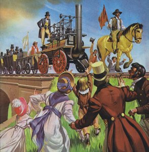 Caminho de ferro de Stockton e Darlington (litografia a cores) de Angus McBride