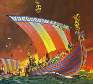 Os normandos atravessam o Canal da Mancha em direção a Hastings (litografia a cores) de Angus McBride