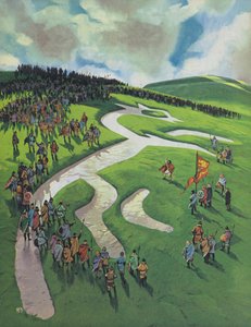 Cavalo branco de Uffington, construído por Alfredo, o Grande, após a batalha de Ashdown contra os dinamarqueses (litografia a cores) de Angus McBride